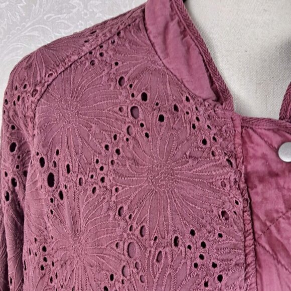 Free People Daisy Jane Size Medium Embroidered Eyelet Bomber Jacket Raspberry - Picture 2 of 16